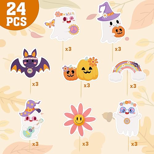 Miniatura 2 de Konsait 24 adornos para cupcakes de fantasmas de Halloween, temática hippie de Little Boo, para fiestas de Halloween, decoración de fiesta de feliz