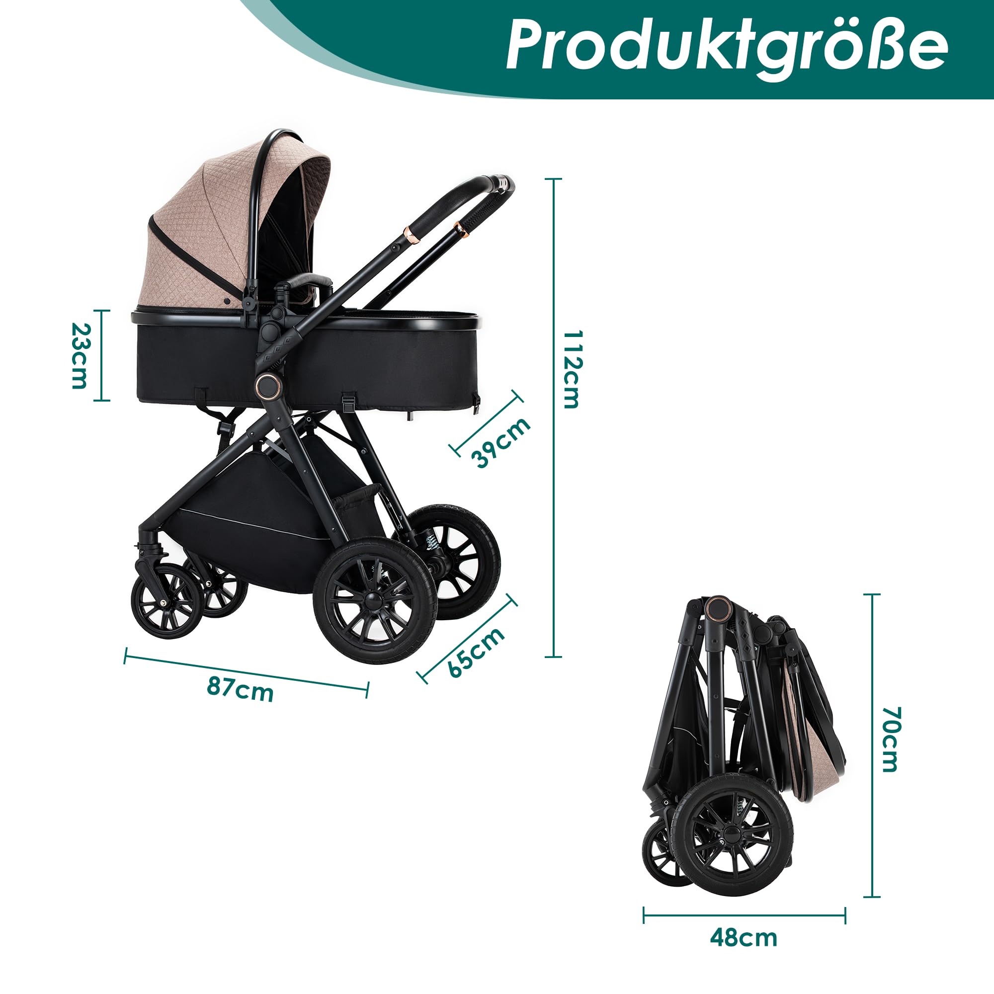 Kinderwagen 3 in 1, Kinderwagen, Zusammenklappbar kombikinderwagen 3 in 1 komplettset inkl. Becherhalter, Moskitonetz, Fußabdeckung, Regenschutz, Kinderwagen for 0-36 Monate, Khaki