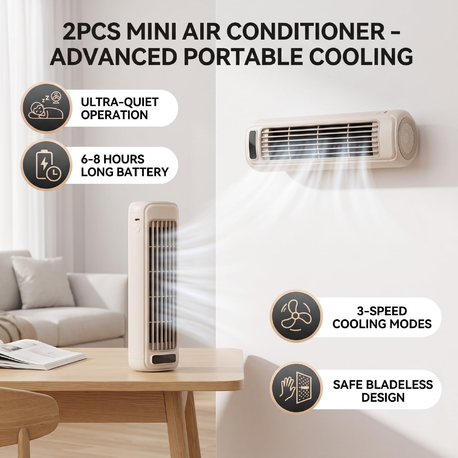Fafeicy Condizionatore Portatile, Batteria Ricaricabile da 2000 MAh | Ventilatore a torre di raffreddamento senza lama a 3 velocità con LED touch, per camera da letto, ufficio domestico