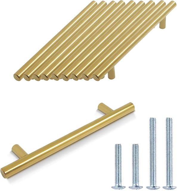 Probrico 10 PCS Gold Stainless Steel Kitchen Cabinet T Bar Handle 128mm Hole centers/192mm Long Furniture Drawer Pulls Cuoboard Knobs
