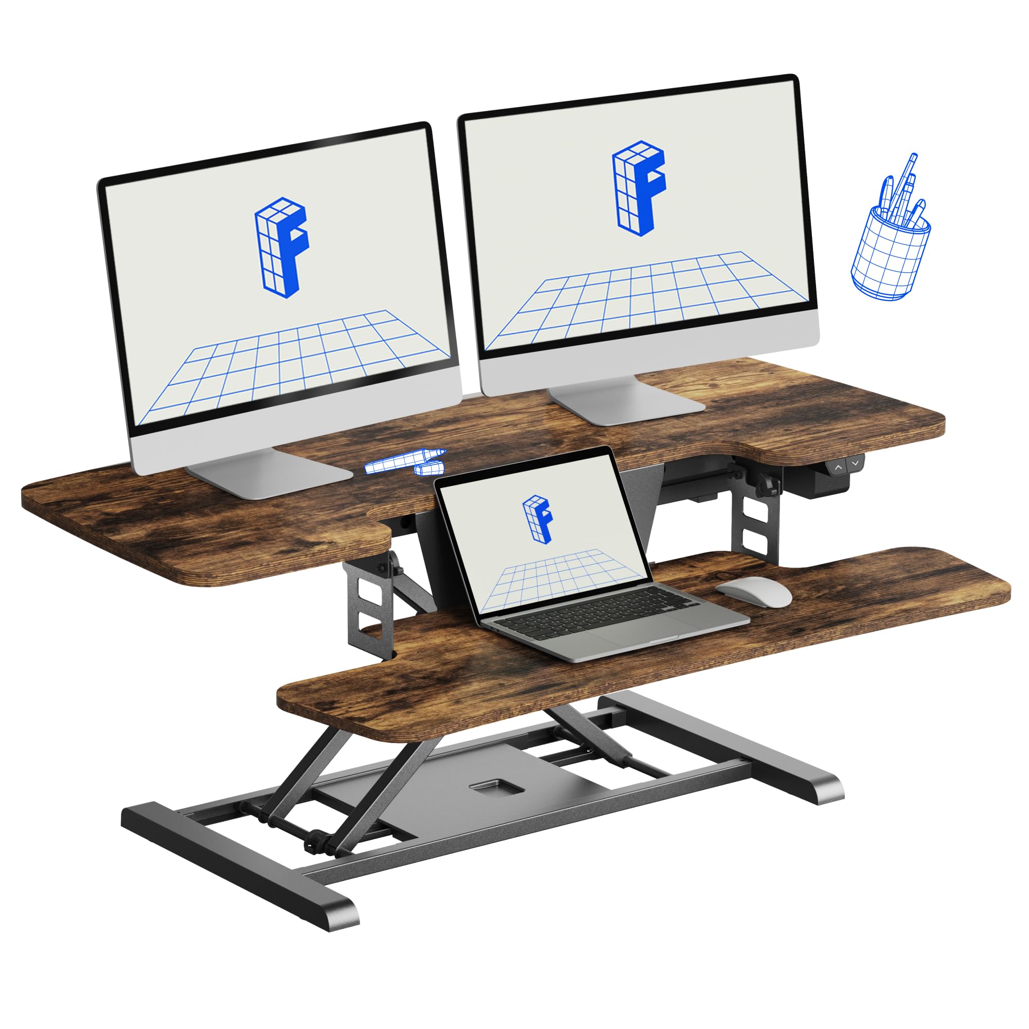 FLEXISPOT 40 inch Electric Motor Desk Converter, Sit to Stand Monitor and Laptop Workstation, Height Adjustable Riser with Wide Keyboard Tray, Rustic