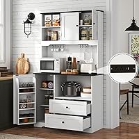 Gyfimoie 68" Tall Kitchen Pantry Cabinet with Charging Station, Wine Rack, Drawers, Shelves & Microwave Stand (White/Black)