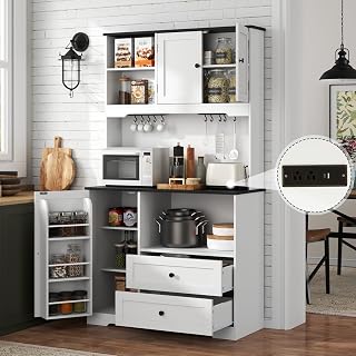 Gyfimoie 68" Tall Kitchen Pantry Cabinet with Charging Station, Wine Rack, Drawers, Shelves & Microwave Stand (White/Black)