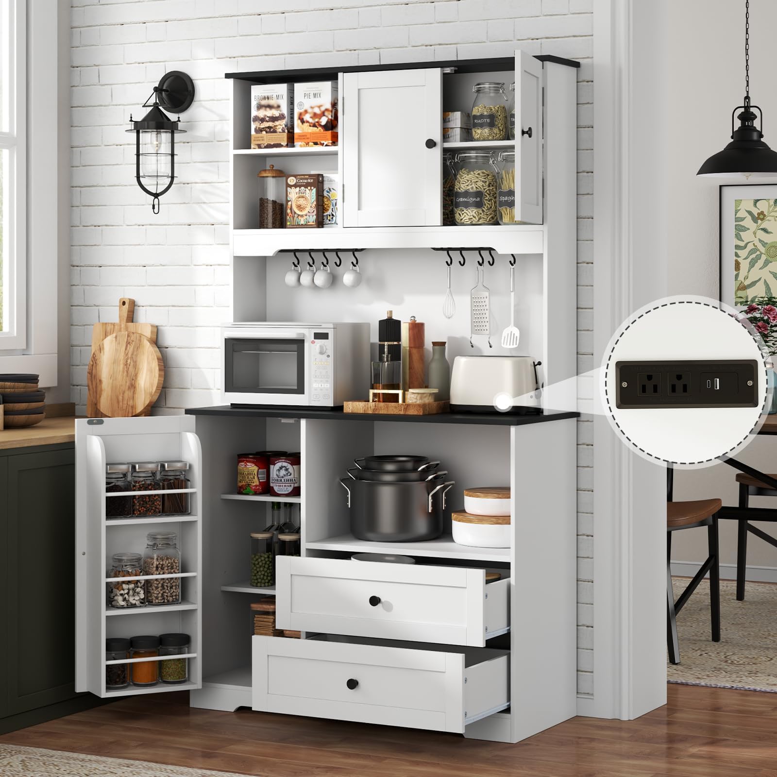 68"Tall Kitchen Pantry Storage Cabinet with Charging Station, Upgrade Pantry Cabinet with Doors & Shelves and Wine Glass Holder,Kitchen Hutch Cabinet with Microwave Stand for Kitchen (White+Black)