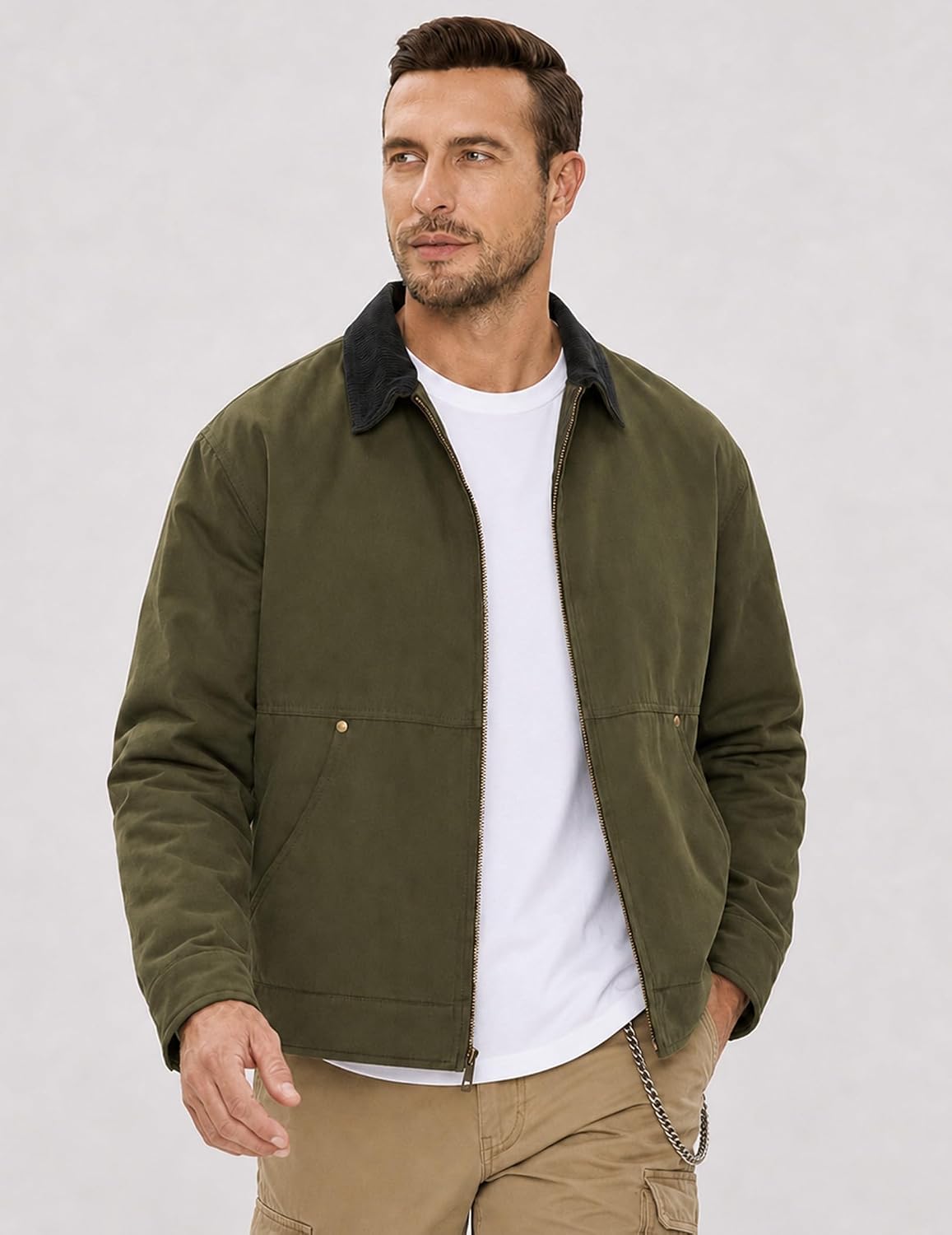 JMIERR Men's Cotton Padded Chore Jacket with Corduroy Collar