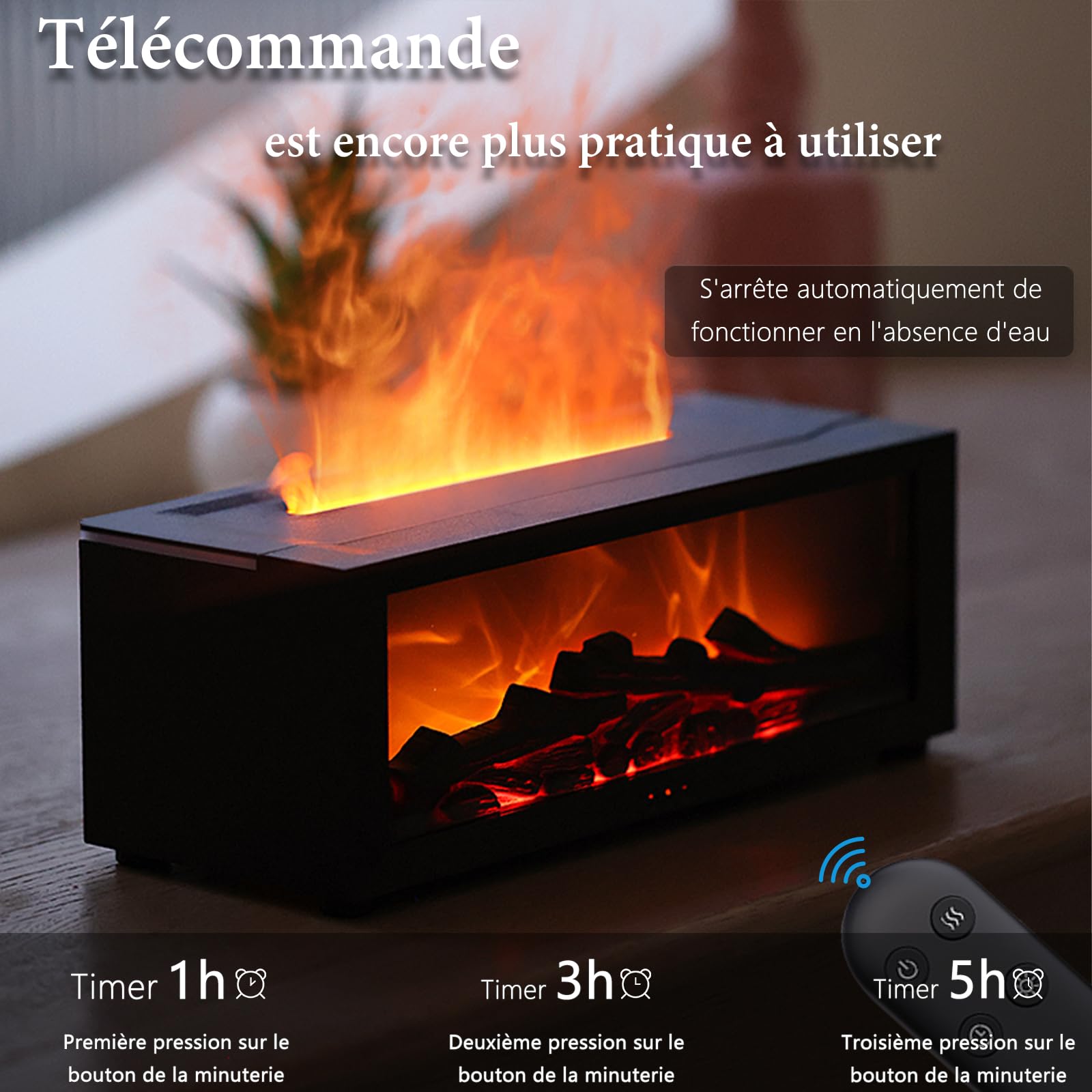 Diffuseur d'Huiles Essentielles 7 Couleurs avec Effet Flamme Dynamique, Humidificateur d'air 150ml USB, 4 Minuteries + Télécommande, Diffuseur Cheminée LED pour Bureau/Chambre