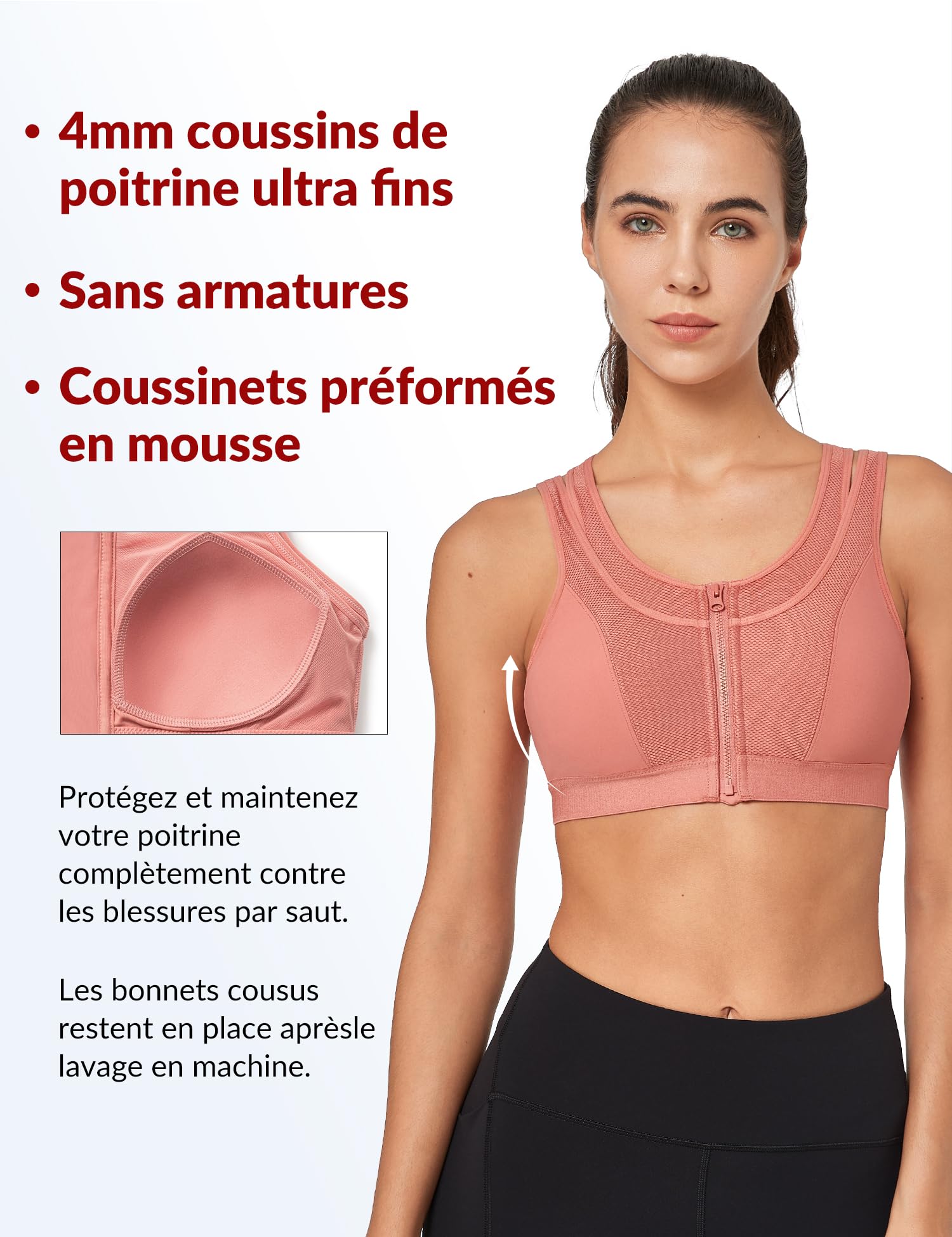 Yvette Soutien Gorge de Sport Femme Fermeture Avant Maintien Fort Grande Taille Rembourré Dos Nageur Fitness