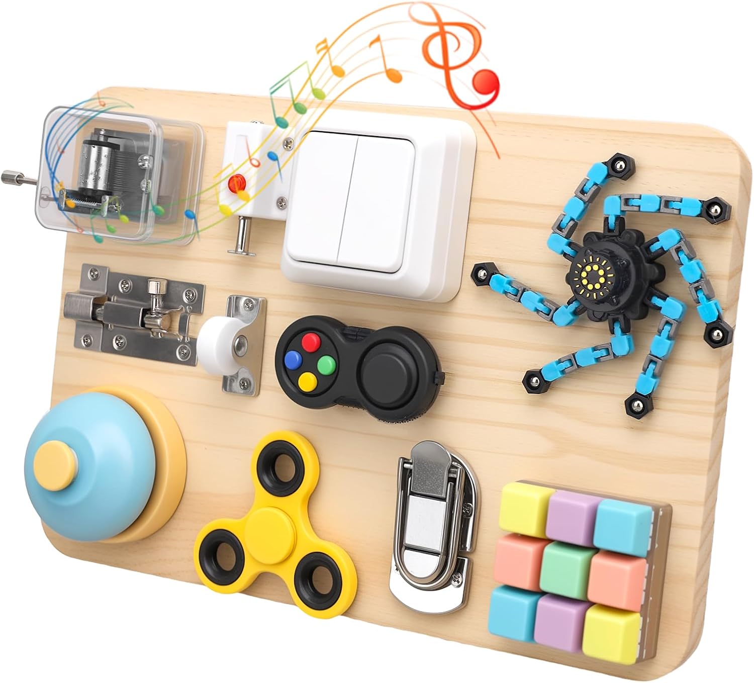 Fidget Spinner Board Busy Toy for Kids Age 3-12, Montessori Gadget for Boys Girls- Musical Fidget Pad Wooden Sensory Activity Board – Focus Toy Motor Skills Christmas Stocking Stuffer Gift