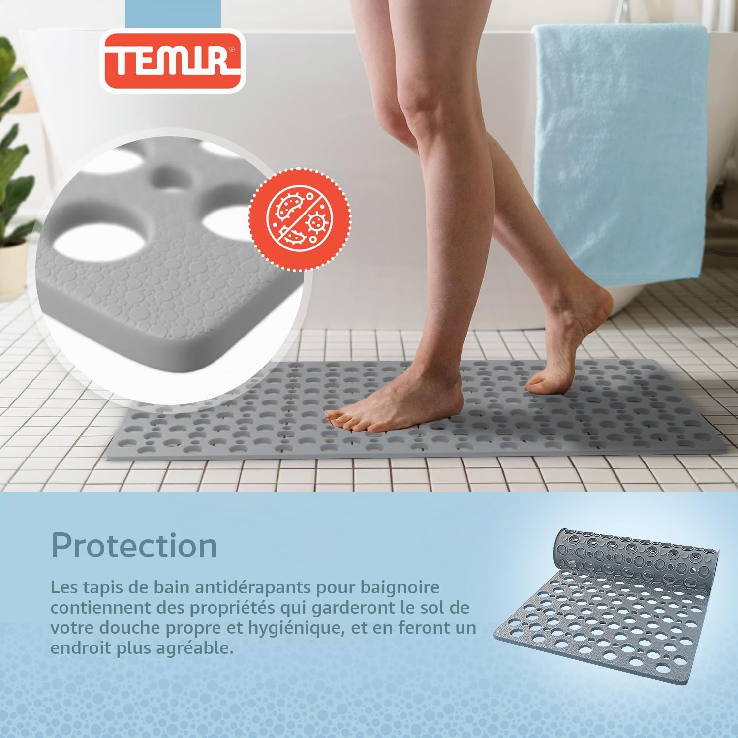 TEMIR Tapis de Bain antidérapant avec ventouses et Trous de Drainage, Doux et Lavable en Machine (43,2 x 73,7 cm)