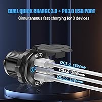 Vista 2 de Cargador de aluminio USB de 12 V PD 3.0 tipo C y doble carga rápida 3.0 puerto USB múltiple impermeable de 12 V/24 V USB con interruptor táctil, kit