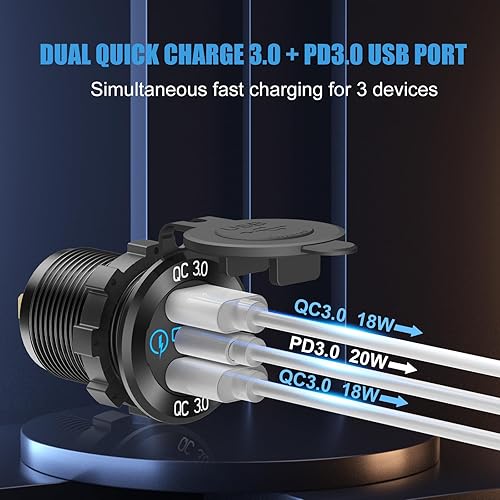 Miniatura 2 de Cargador de aluminio USB de 12 V PD 3.0 tipo C y doble carga rápida 3.0 puerto USB múltiple impermeable de 12 V24 V USB con interruptor táctil, kit