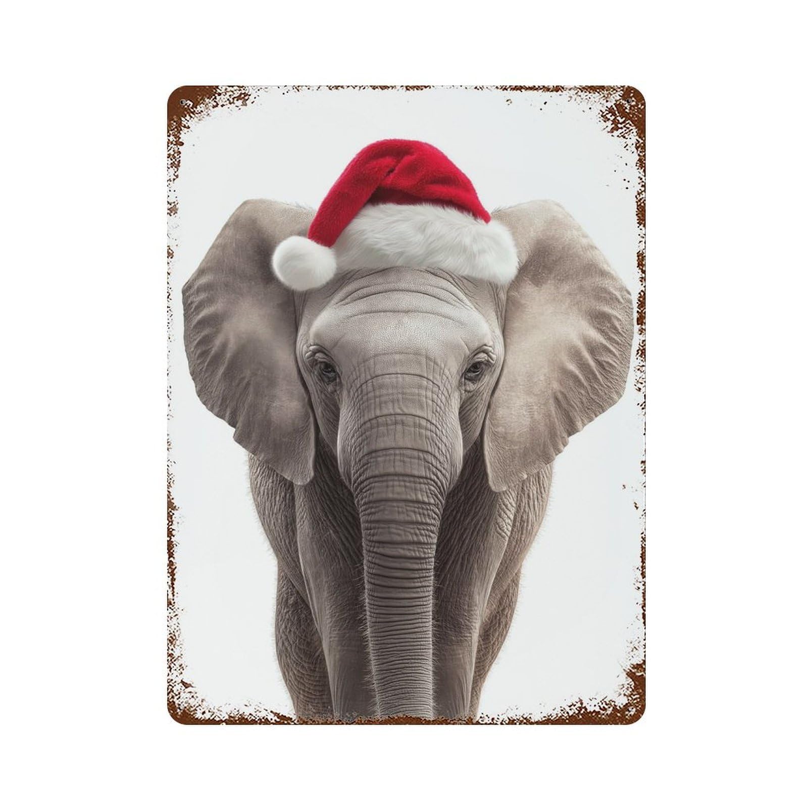 Rust Effect Elephant Wearing Christmas Santa Hat Distressed Metal Wall Sign 15.7"x11.8", Decorative Metal Wall Art for Living Room, Hallway And Home Decor