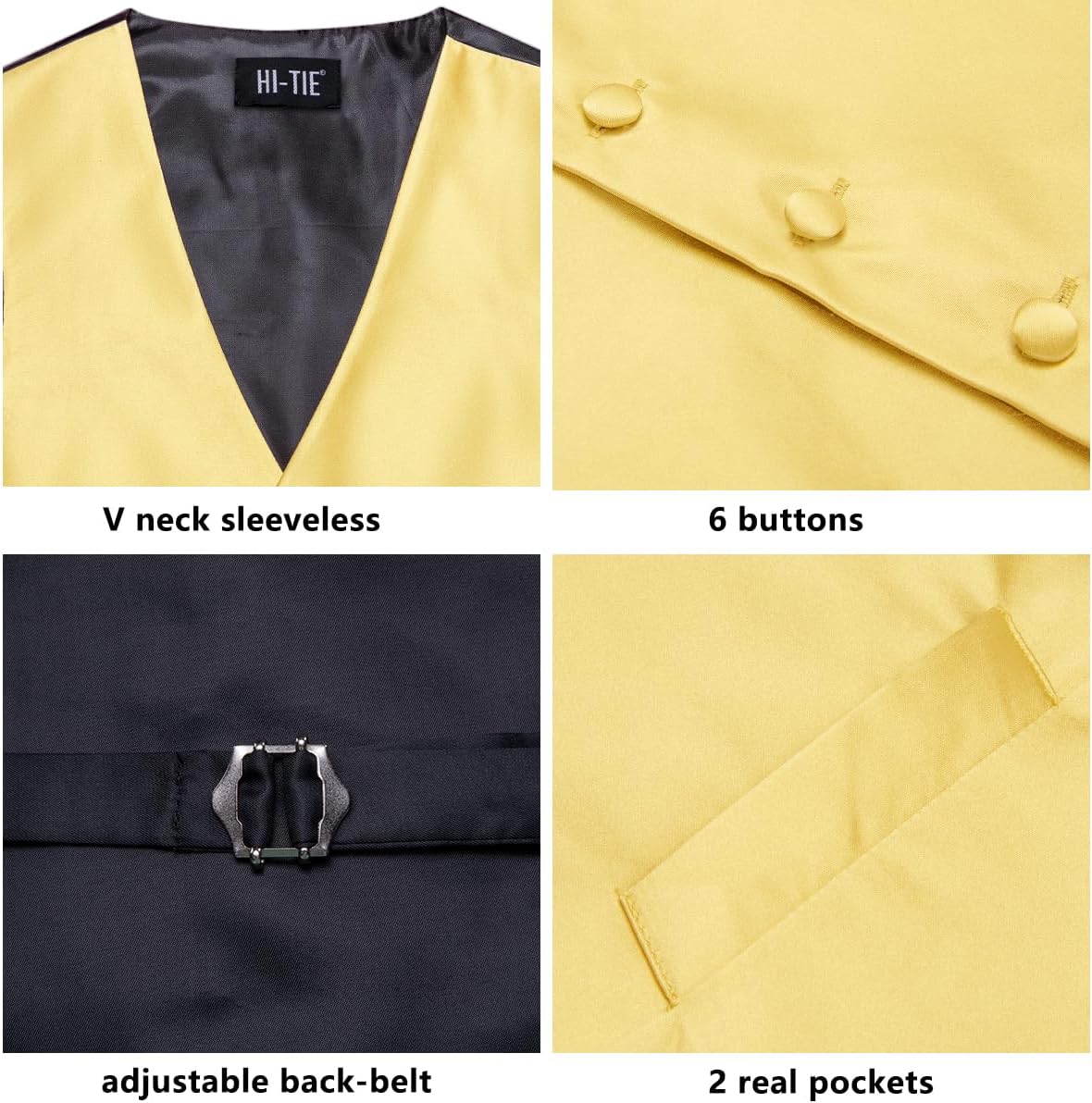 Hi-Tie Mens Light Yellow Silk Suit Vest Tie Set Paisley Waistcoat Necktie Handkerchief Cufflinks for Business Wedding Tuxedo - Image 7