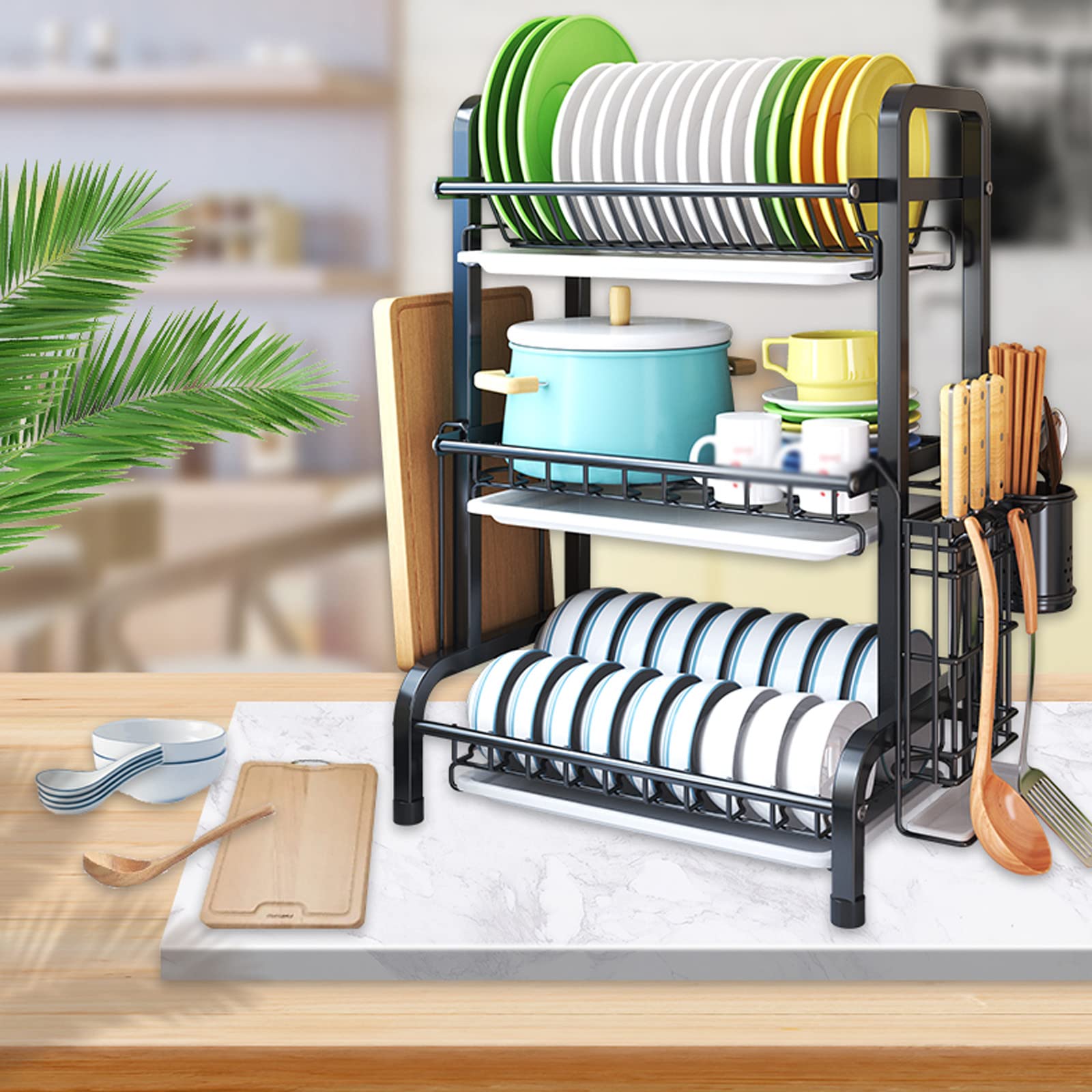 Escurridor de Platos, Rejilla para secar Platos de Acero Inoxidable 304 con Bandeja de Drenaje, Soporte para Utensilios, Soporte para Tabla de Cortar, escurridor de pla,3 Layers 42.5x61cm