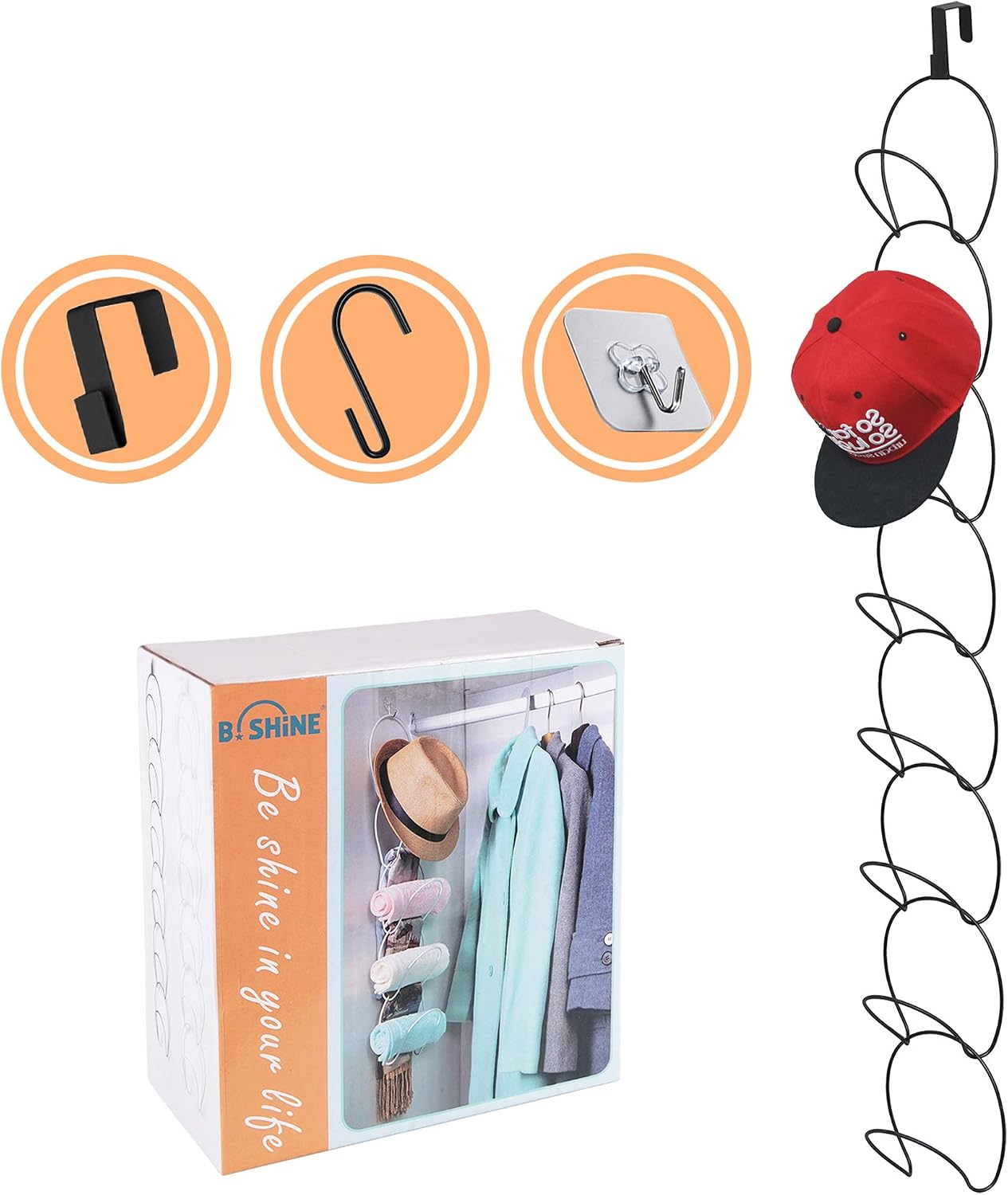 B. SHINE Cap Rack Hat Organizer – 8 Rings Hanging Caps Organizer, Hats Scarfs Rack, Multifunctional Door/Wall/Closet Mounted Racks, Black