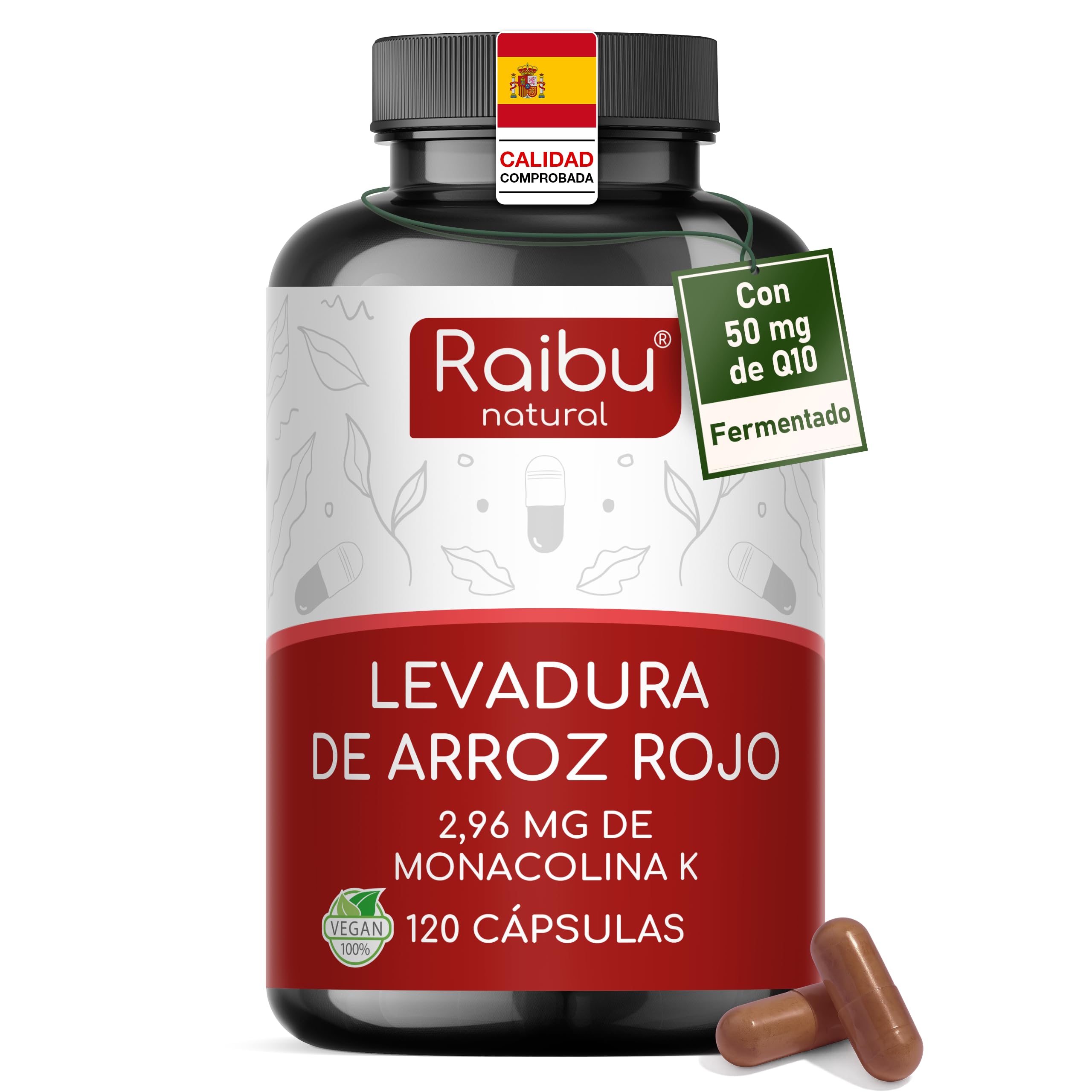 Levadura de arroz rojo con 50 mg de coenzima Q10 & 2,96 mg de monacolina K por cápsula - Apoyo al colesterol y a la función normal del corazón - Testado para citrinina - 120 cápsulas veganas