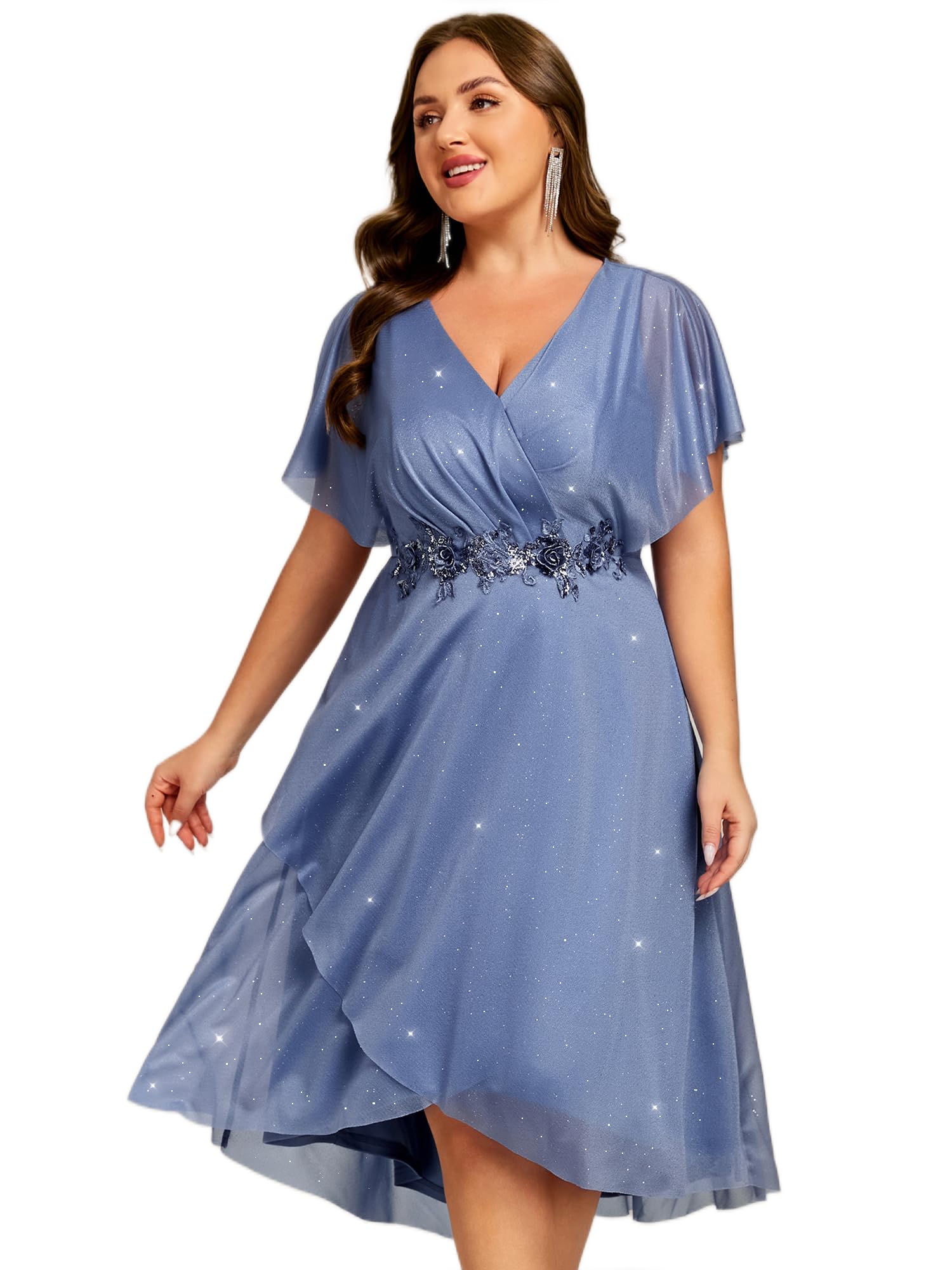 Ever-Pretty Plus Women's V Neck Short Sleeves Pleated Applique High Low Glitter Midi Plus Size Wedding Guest Dresses