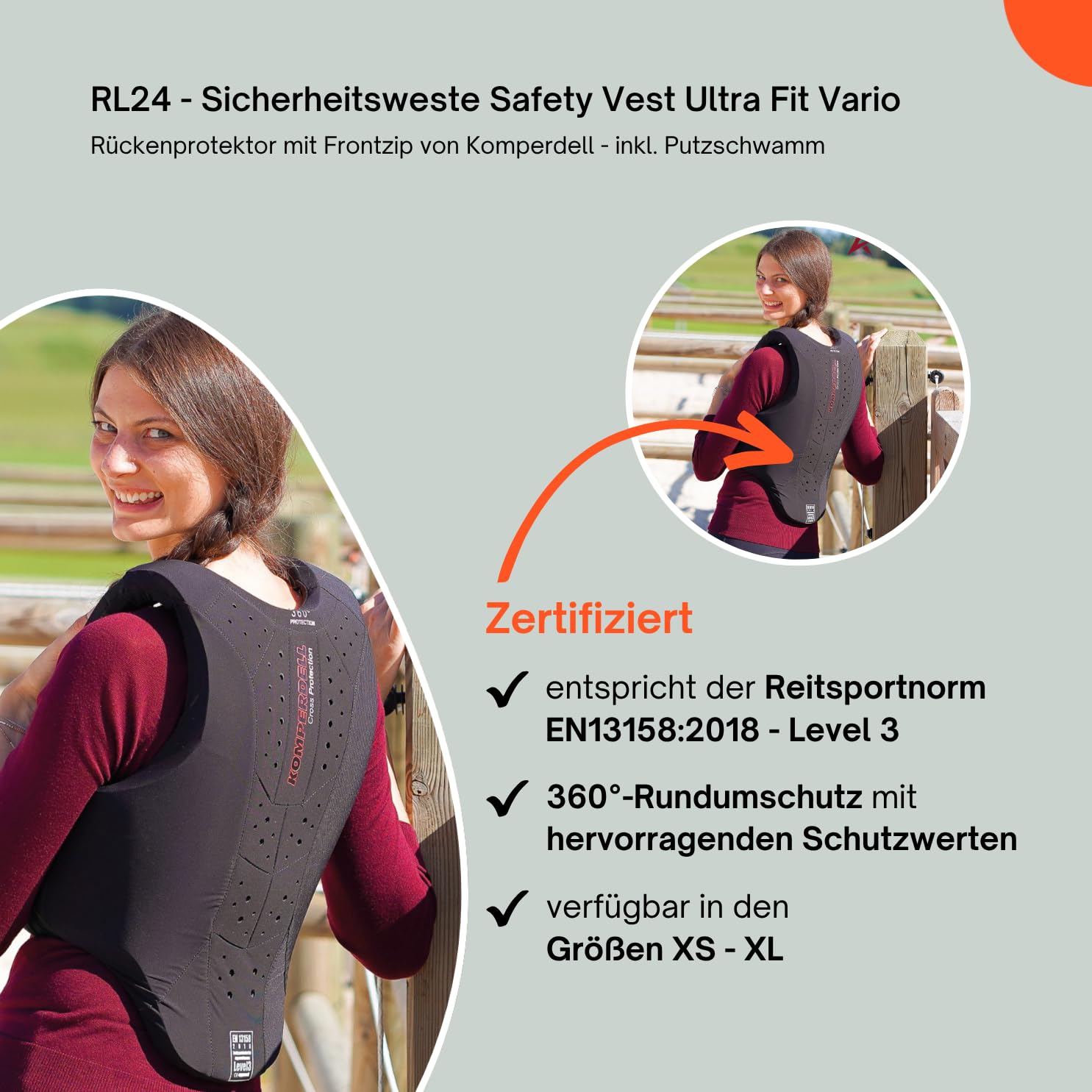 RL24 - Sicherheitsweste Safety Vest Ultra Fit Vario von Komperdell – Rückenprotektor m. Frontzip – Schwarze Protektorenweste – Unisex Schutzweste inkl. Putzschwamm – Gr. XS - XL