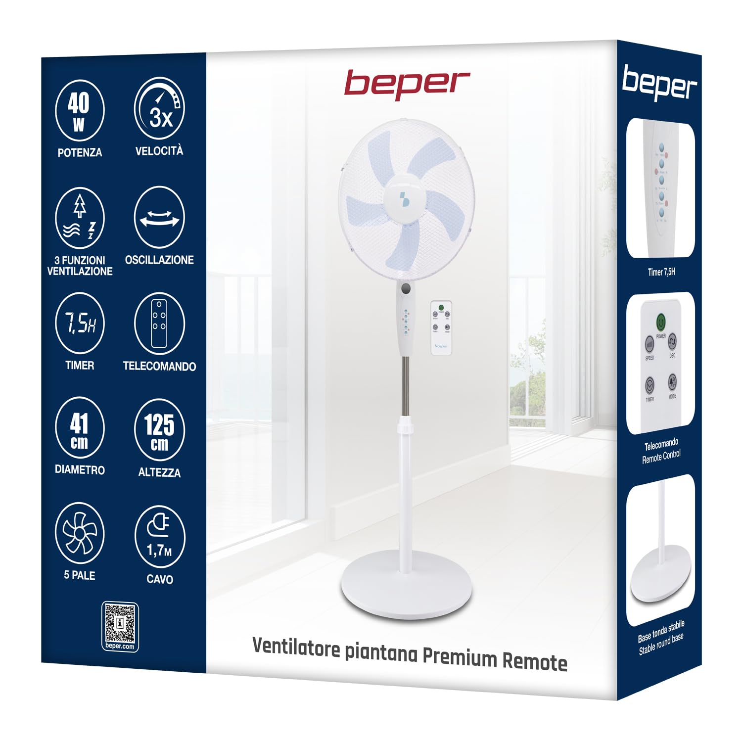 BEPER P206VEN133 Ventilateur sur pied avec télécommande, 40 cm, 5 pales, 3 vitesses et 3 modes, minuterie 7,5 h, oscillation, hauteur réglable jusqu'à 125 cm