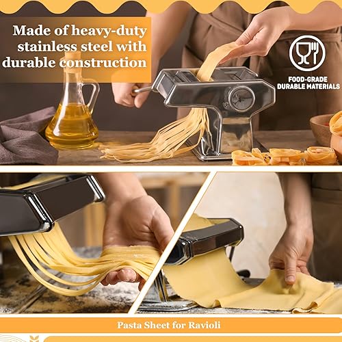 Miniatura 6 de Hushee Juego de 8 máquinas para hacer pasta, incluye máquina para hacer fideos de acero inoxidable, estante de secado de pasta de madera, cortador