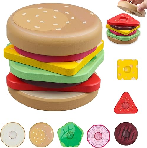 Miniatura 6 de Juguete de hamburguesa apilable, juguete Montessori para niños de 1, 2 y 3 años, juguetes preescolares, juguete educativo de madera para bebé, juego