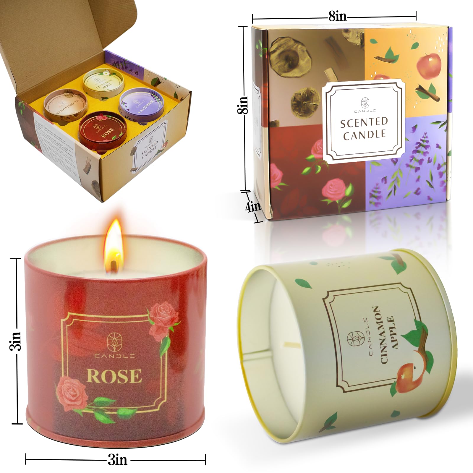 Duftkerzen, Sojawachs, langlebig, Rosen-Lavendel, Sandlaholz, Apfelduft, Geschenke für Frauen, Muttertag, Erntedankfest, Weihnachten, 4 Stück