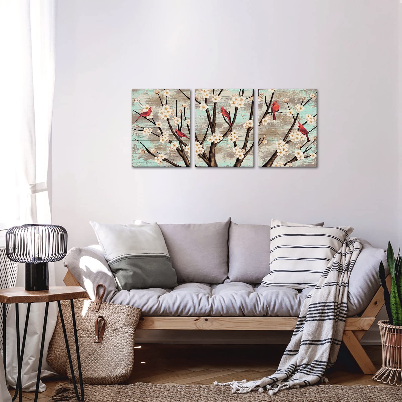RyounoArt 3 Piece Red Bird Canvas Wall Art Cardinal Birds on Tree Branch with White Flowers Painting Pictures Rustic Christmas Prints Artwork for Living Room Bedroom Wall Decor Framed Ready to Hang