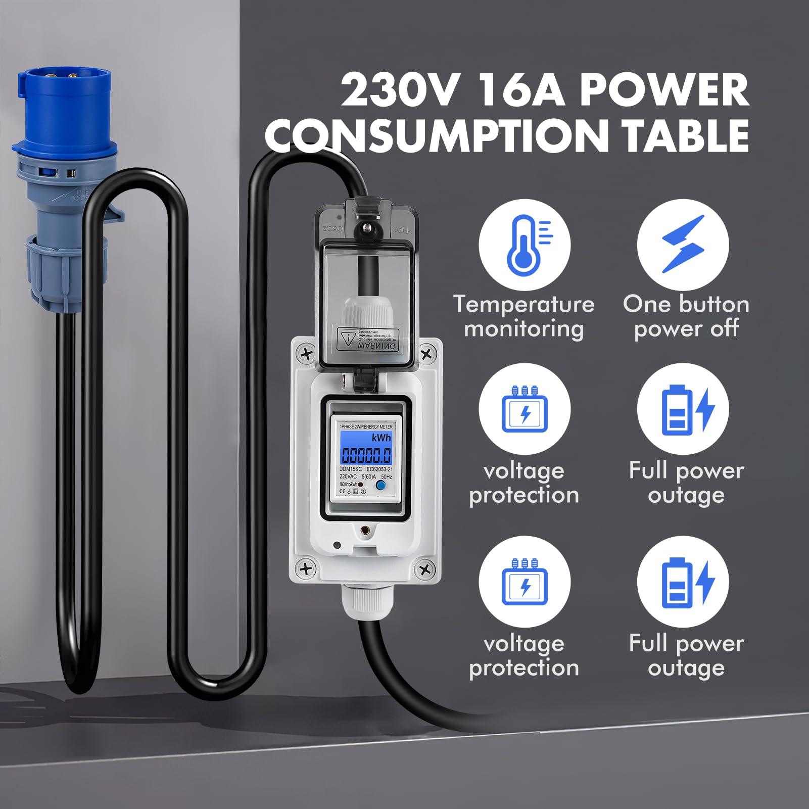 Jadeshay Contatore Energia Elettrica,230V 16A Misuratore Consumo Elettrico Mobile Contatore di Energia Impermeabile con Reset per Camper RV Auto Domestico con Spina CEE Industriale e 3 Metri Cavo