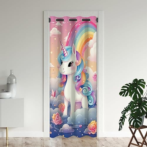 Cortinas opacas de unicornio de dibujos animados para puertas, diseño de arco iris de ensueño, lindo cuento de hadas, para armario de dormitorio de