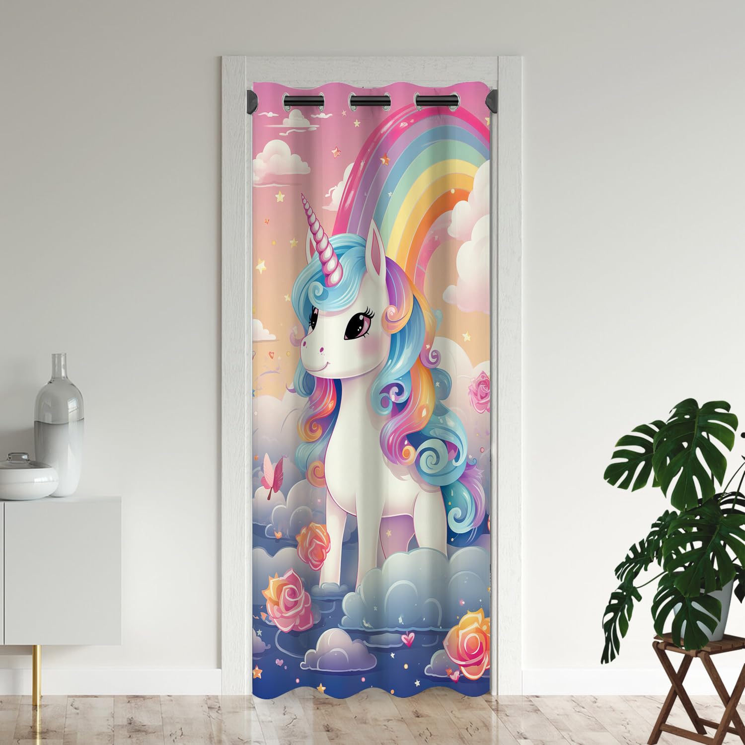 Cartoon Unicorn Door Curtains for Doorways, Dreamy Rainbow Cute Fairy Tale Blackout Curtain for Kids Bedroom Closet, Grommet Thermal Insulated Privacy Door Drapes for Room Divider, 34