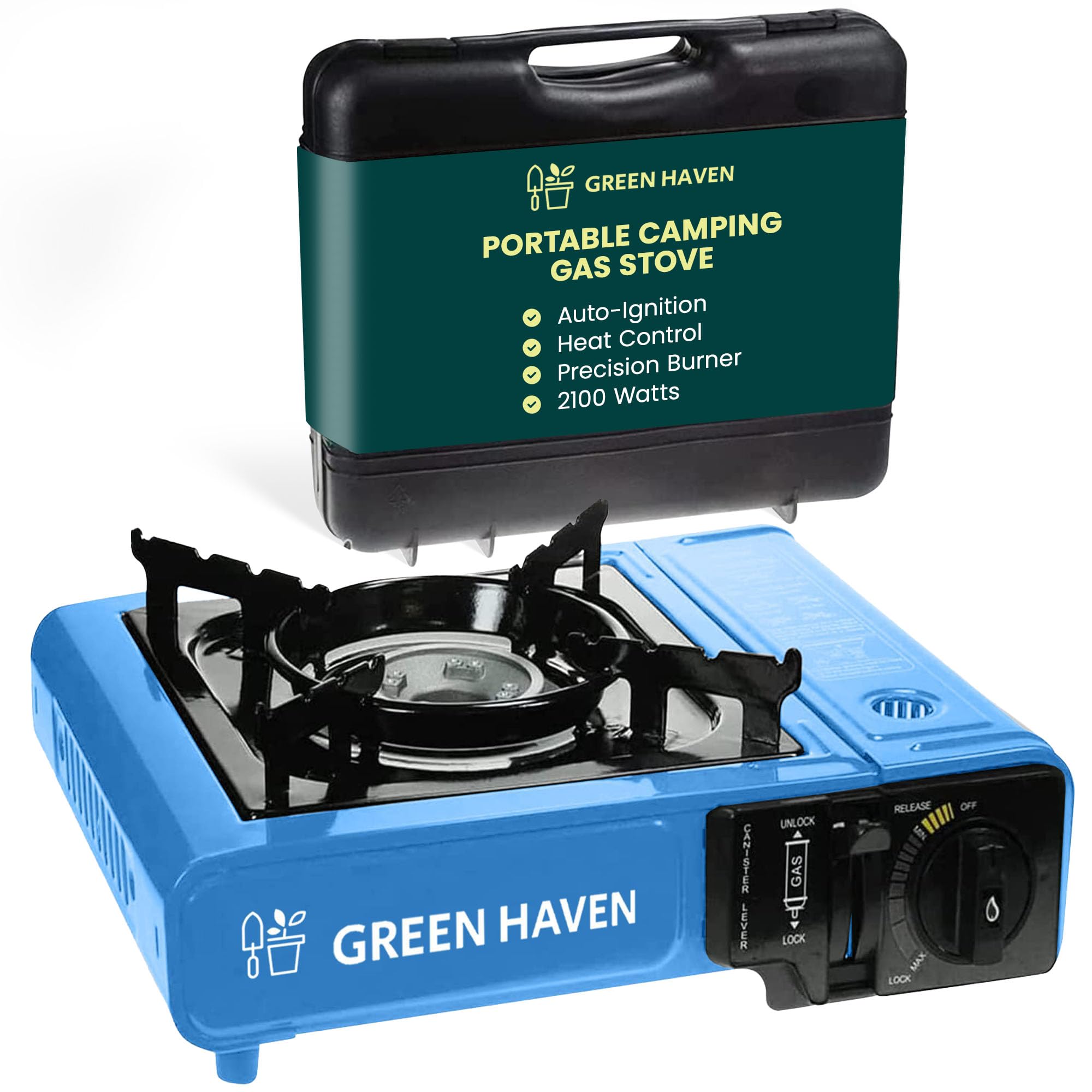 GREEN HAVEN Portable Camping Gas Stove with Carry Case – EN417 Compliant Single Burner with Automatic Ignition & Adjustable Heat Control – Ideal for Camping, BBQ, Hiking & Outdoor Cooking