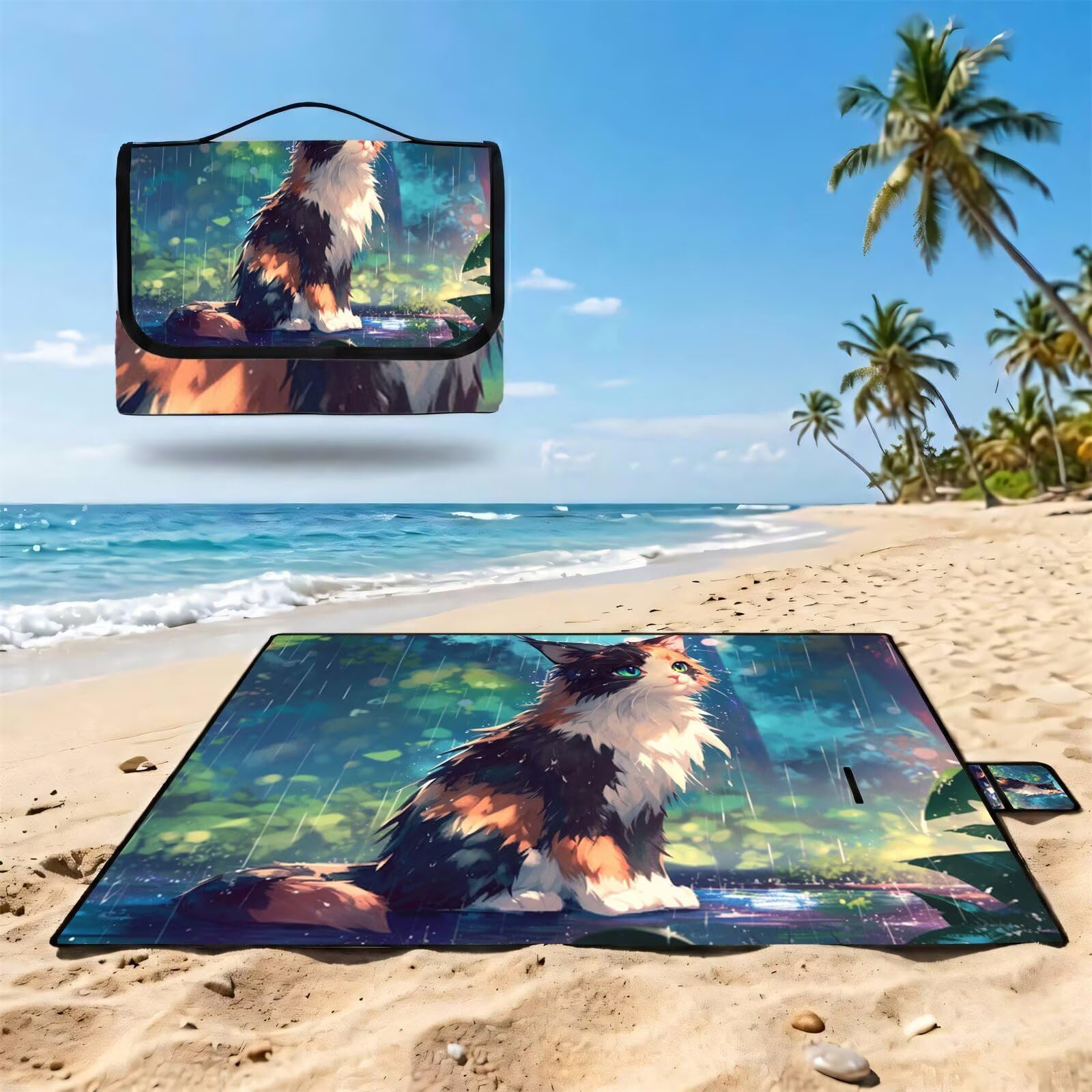 Couverture Pique Nique Grande 200x300cm,Outdoor Couverture Imperméable,Pliable Tapis de Plage Dos en PVC,Picnic Blanket pour Camping Accessoires,Jardin,Parc,Famille - Les chats sont mignons (9) UZ-646