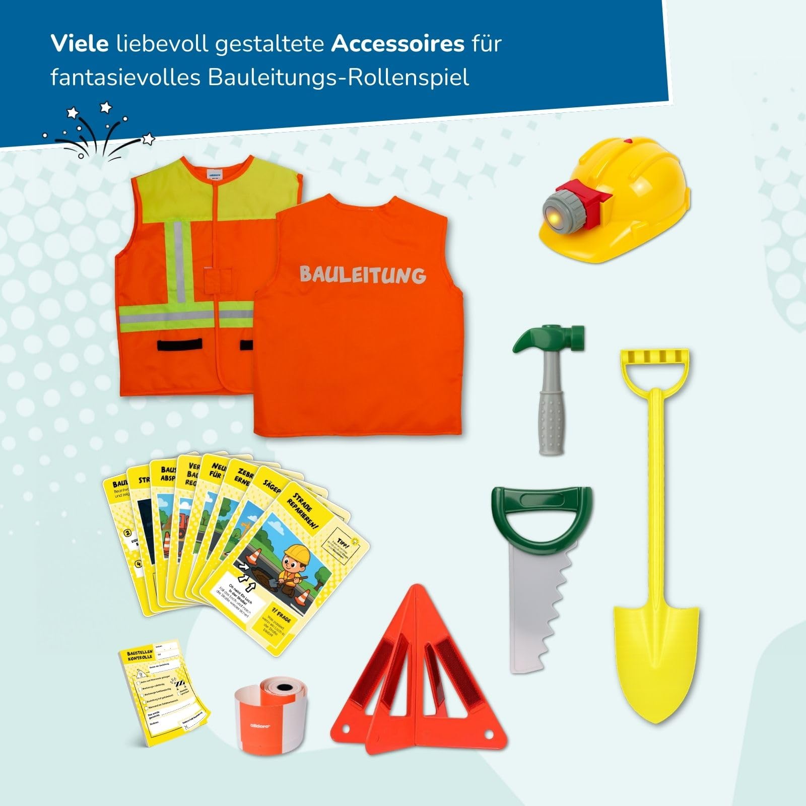 alldoro Rollenspielsets Feuerwehr/Polizei/Bauleiter, Kostüm mit Weste, Kopfbedeckung & Zubehör, inkl. Spielkarten, für Kinder ab 3 Jahren