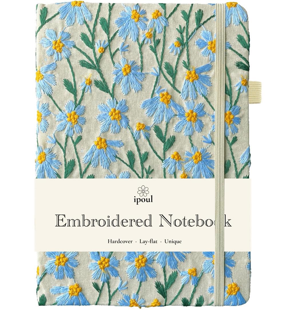 ipoul Graph Paper Notebook, Hardcover, Lay Flat, A5, 8"x6", Squared, Grid Paper, Flower Journal, Embroidered, Math Notebook, Pretty Journal, Daisy Gifts for Women, Blue