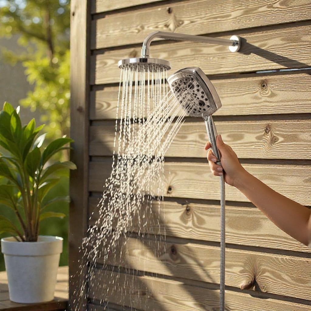 Person holding Oxygenics Marvel handheld showerhead in use