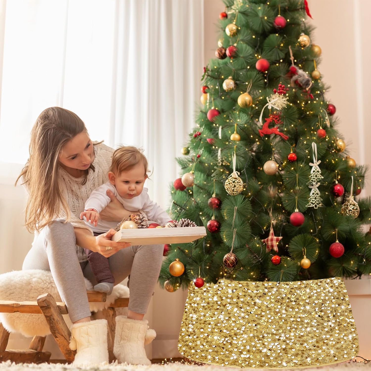 Gold Christmas Tree Collar 28.3Inch Large Tree Collars Glittery Sequin Tree Skirt for Christmas Decorations Foldable Christmas Tree Rings Round Xmas Tree Base Cover for Holiday Home Party Decor