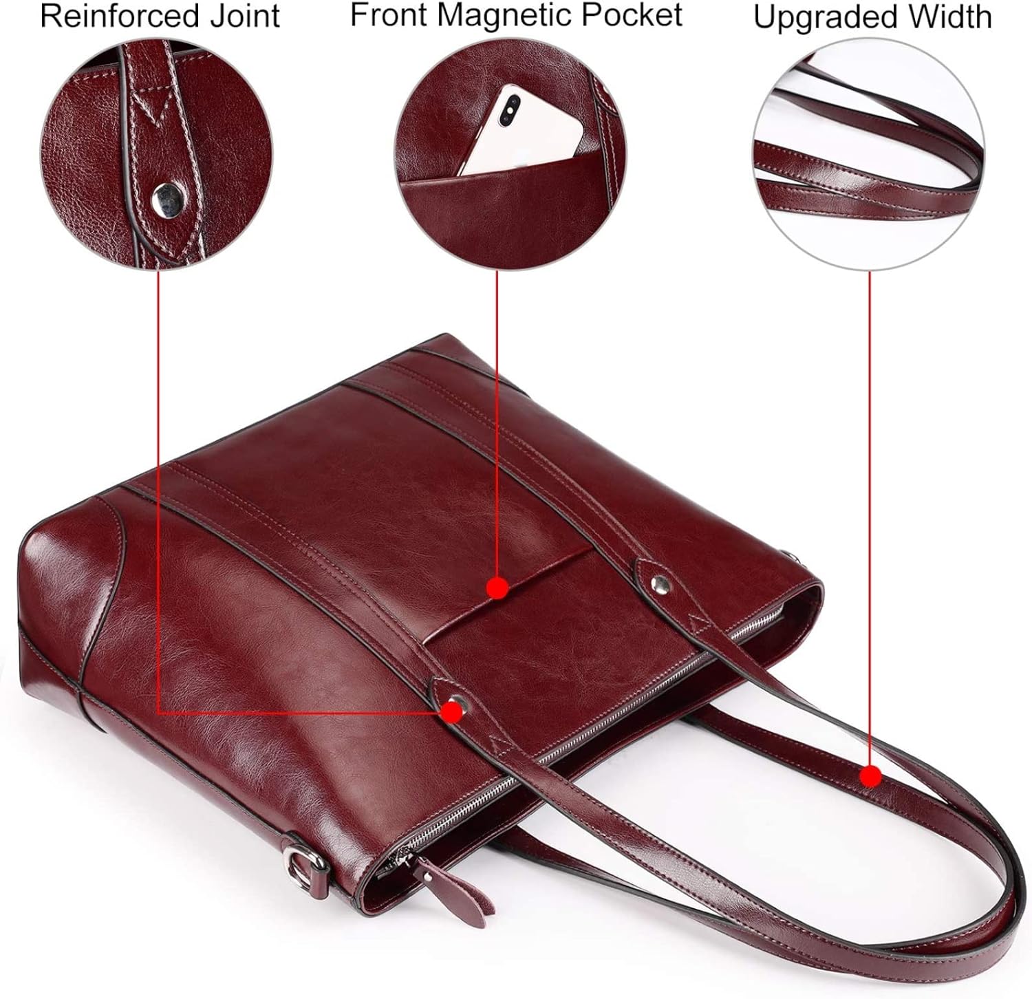 S-ZONE Leather Tote Bag for Women Office Shoulder Handbag 15.6 Inch Work Laptop Briefcase | Leather, Office, Shoulder, 15.6 Inch, Work, Laptop - Image 4