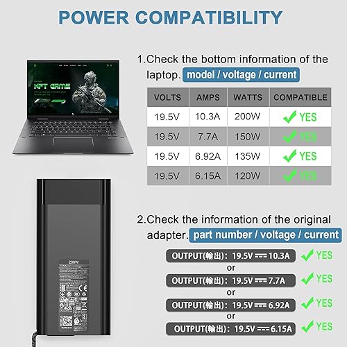Miniatura 3 de XOUBZ Cargador portátil de 200 W 10.3 A para HP Omen 15 16 17 Victus 15 16 Zbook Fury Studio 15 16 Pavilion Gaming 15 16 17 Envy 16 17 TPN-DA10