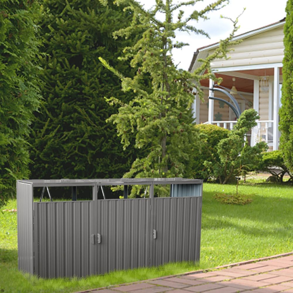 Outdoor Metal Trash Can Storage Shed, Galvanized Steel Garbage Bin Enclosure for Garden Yard and Lawn, Grey, Holds 3 Cans