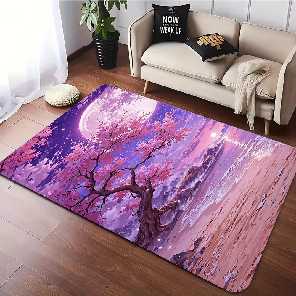 Tapis japonais de salon antidérapant 70x120 motif lune lanterne cerisier