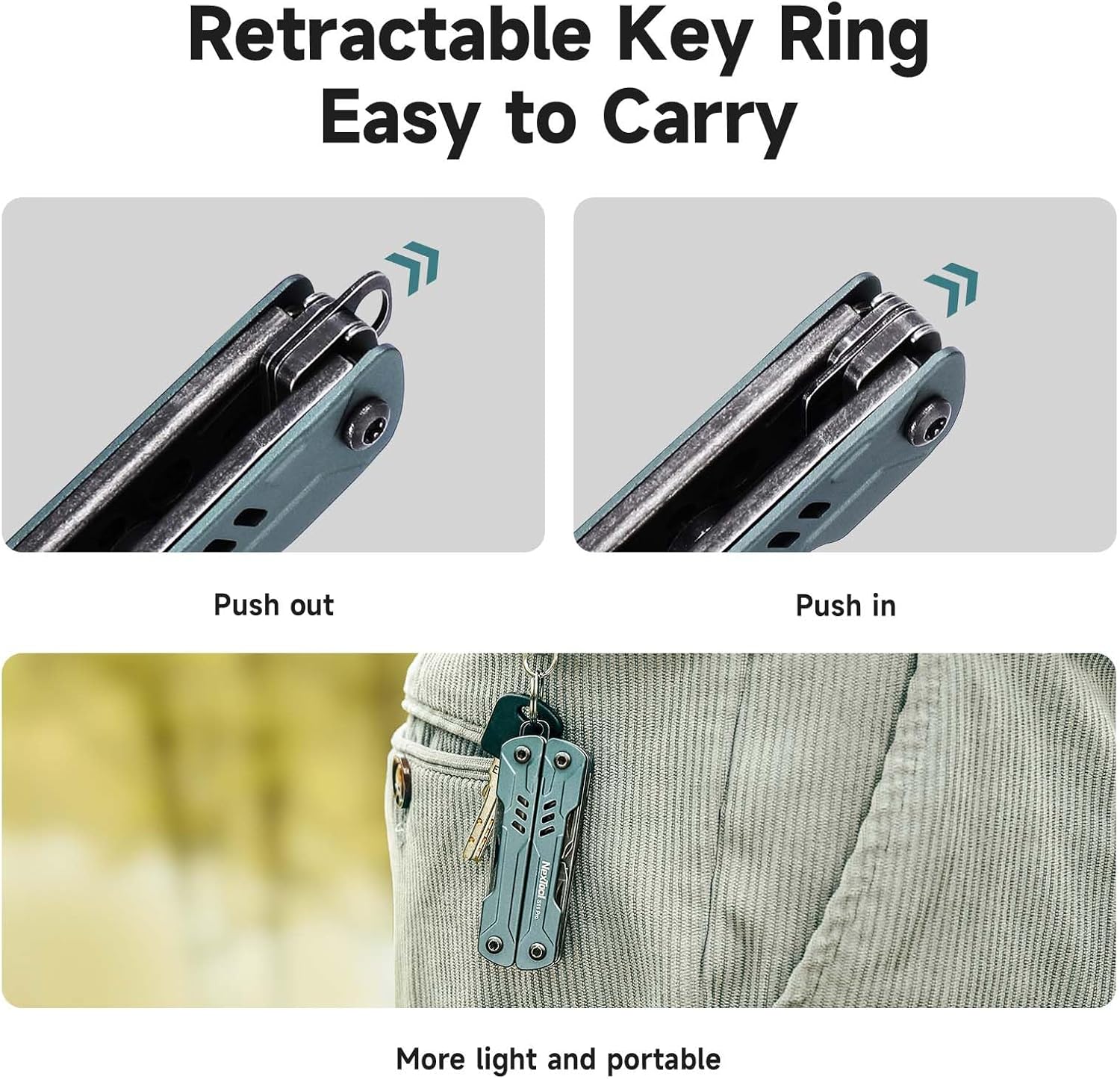 Images showing the retractable key ring being pushed out and pushed in, and the multitool attached to a belt loop
