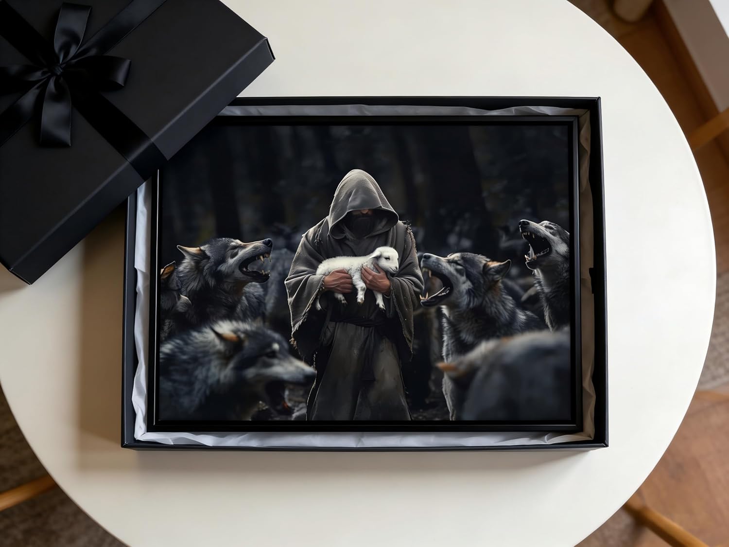 Jesus Protecting Lamb From Wolves Wall Art Jesus Saves the Lost Lamb Picture Wall Decor Christian Gift Poster Canvas Print Living Room Office Bedroom Church Decoration Aesthetic Canvas 12"x16"Framed