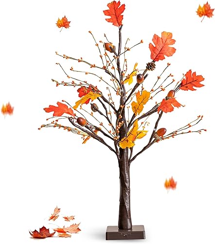 Ethlomoer Árbol de arce artificial de 24 pulgadas con luces para decoraciones de otoño, 24 luces LED preiluminadas para Acción de Gracias, centros