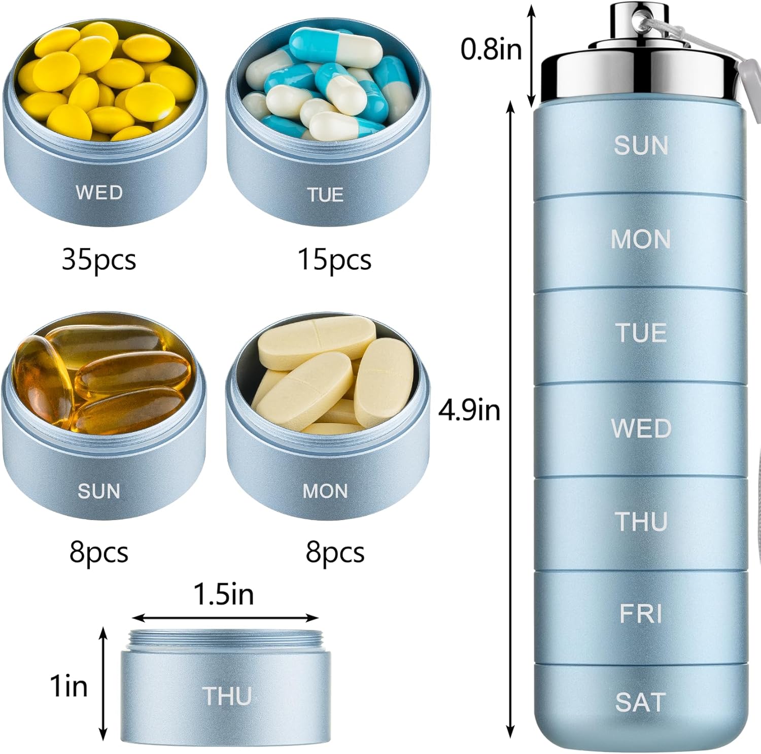 Mossime Metal Pill Organizer Weekly, Stackable Waterproof Travel Pill Box, Large Aluminum Alloy Pill Case Container, BPA Free 7 Day Daily Medicine Organizer for Vitamin, Fish Oil, Supplement