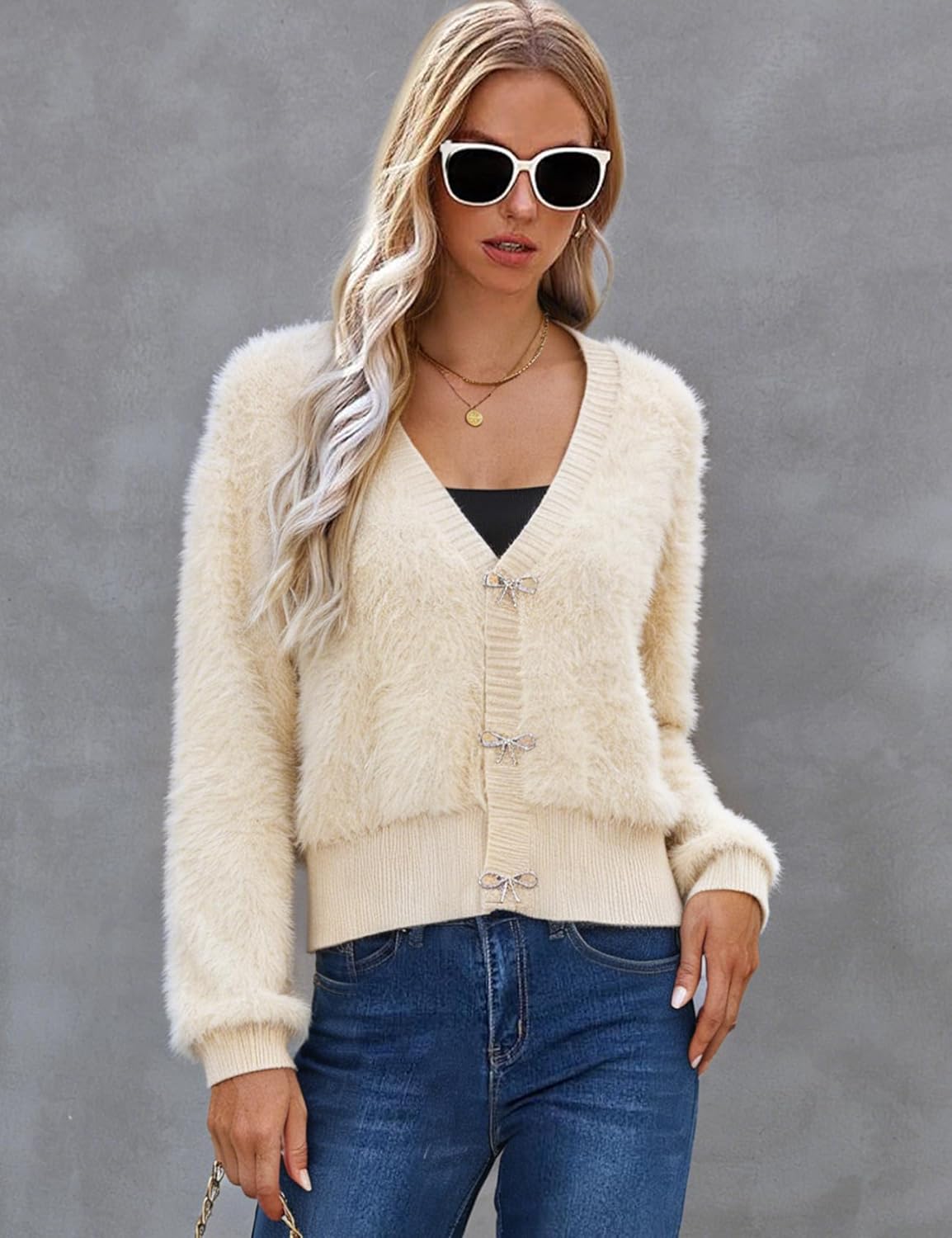 Wyeysyt Fuzzy Cardigan Sweaters for Women Bowknot Brooch V Neck Long Sleeve Soft Chunky Cropped Cardigan Outwear - Image 2
