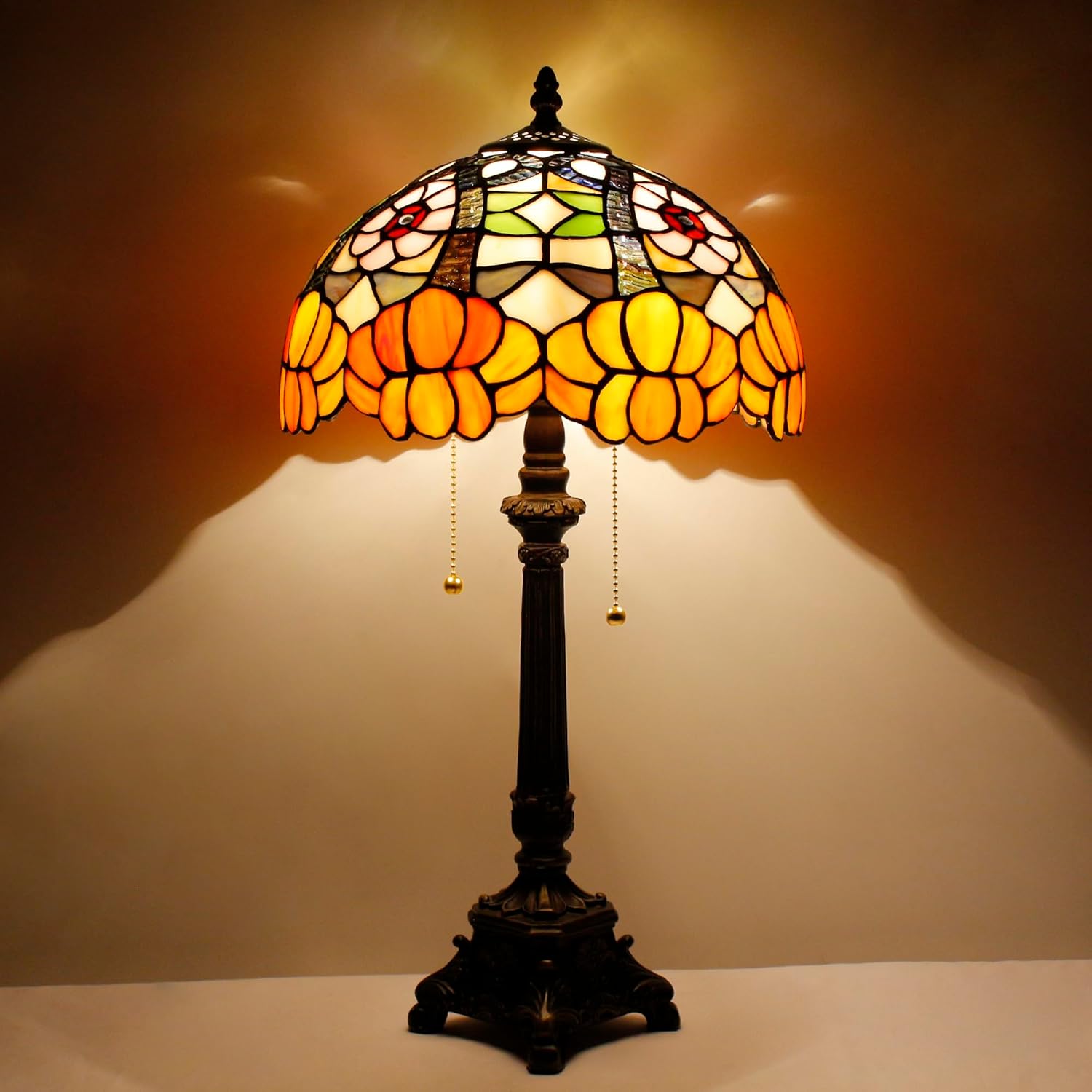 Tiffany Lamp Orange Flower Style Stained Glass Table Lamp Desk Reading Light 12X12X21 Inches with Resin Base Decor Bedroom Living Room