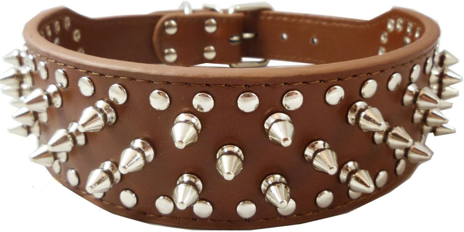 Dogs Kingdom Faux Leather Spiked Studded Dog Collar pet Collar Pitbull, Boxer Brown M