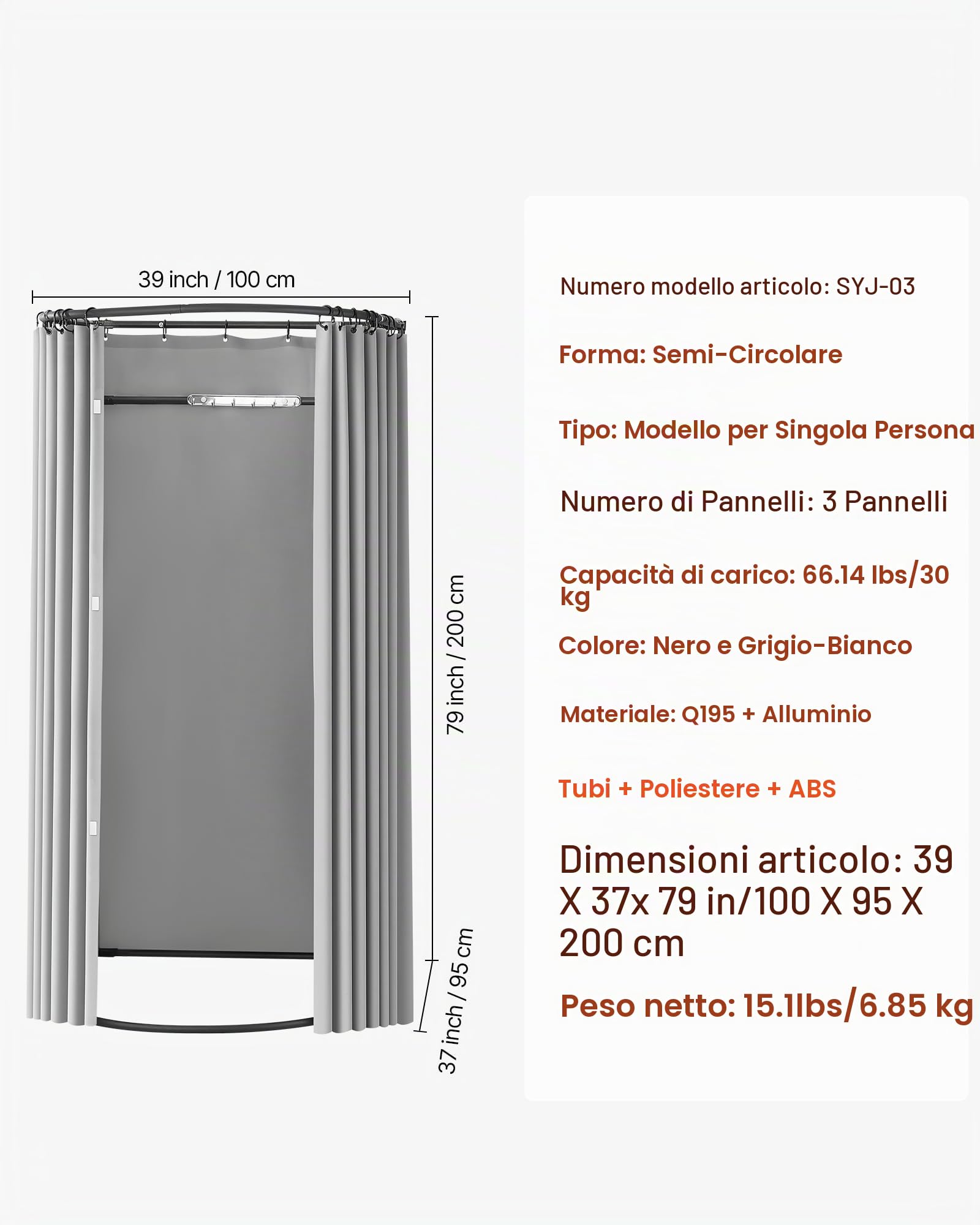 VEVOR Camerino di Prova da 100 x 95 x 200 cm Spogliatoio Portatile Mobile con Tende Spesse in Poliestere, Tenda Ombreggiante e Gancio, per Boutique, Sartorie e Spazi Esterni, Nero e Grigio-Bianco