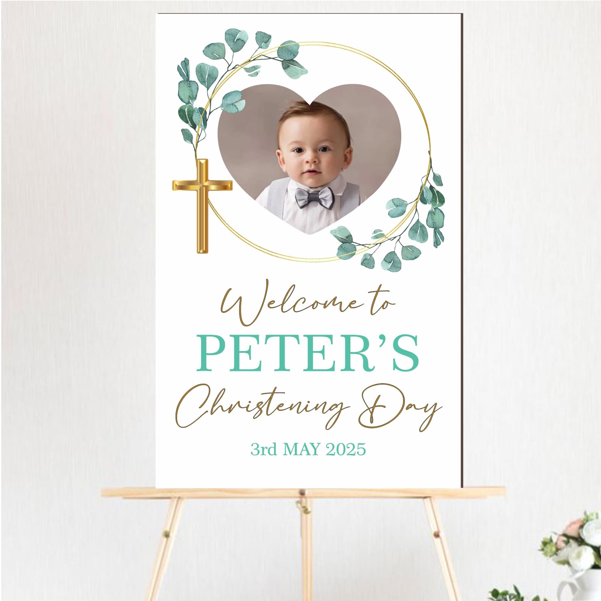 Personalised Photo Christening, Communion, Confirmation Welcome Board – Custom Child’s Picture, Name & Date, Floral and Wreath Photo Prop Board (Green Leaves, Christening Day)
