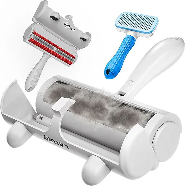 Reusable Pet Hair Remover & Lint Roller with Cat Hair Brush, Dog Brush for Shedding Self-Cleaning Fur Tool for Cats & Dogs, Works on Furniture, Couch, Carpet, Bedding & Car Seats - Portable Silver